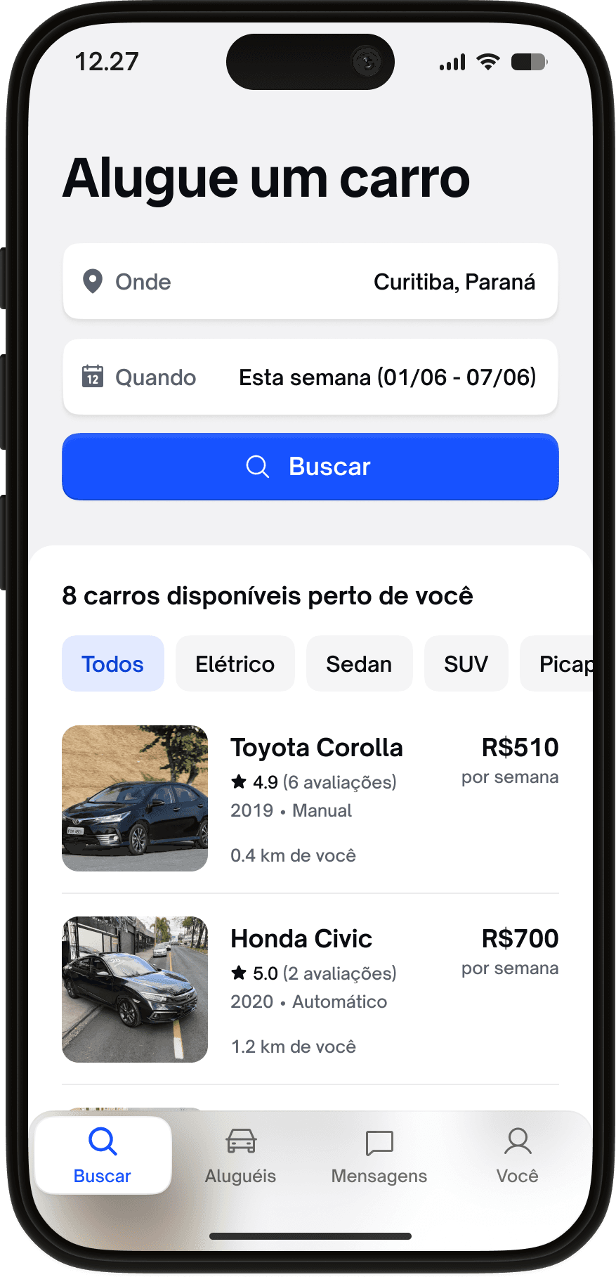 Tela de busca de carros no aplicativo Giro